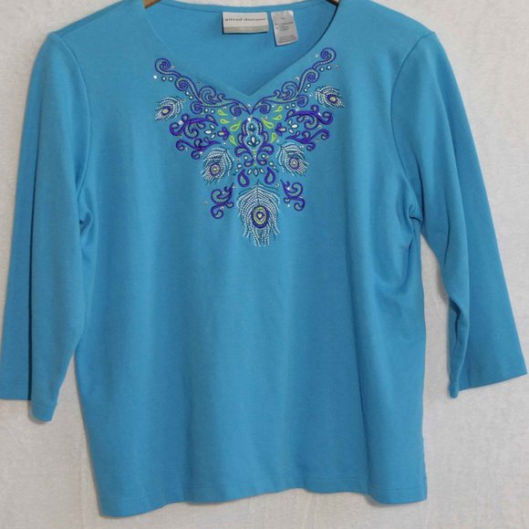 Alfred Dunner SZ Petite Blue Sparkly Embroidered V Neck 3/4 Sleeve Cotton Poly - Picture 1 of 3